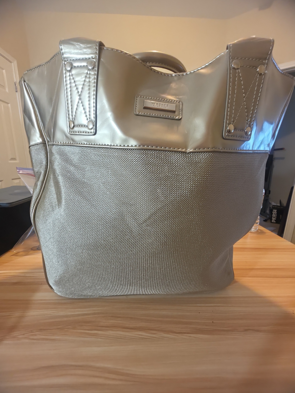 Versace Parfums Gold Metallic Tote Bag Zip Pocket Magnetic Closure Gold Hardware